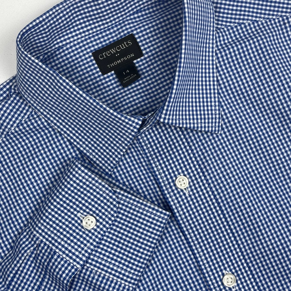Crewcuts Thompson Boys 14 Blue White Gingham Check Button Down Shirt Long Sleeve